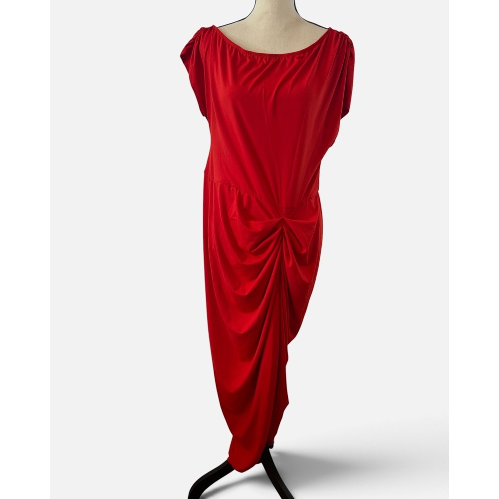 Red Draped Knot Front Boat Neck Midi Dress XL Plus Cap Sleeve Stretch Jersey